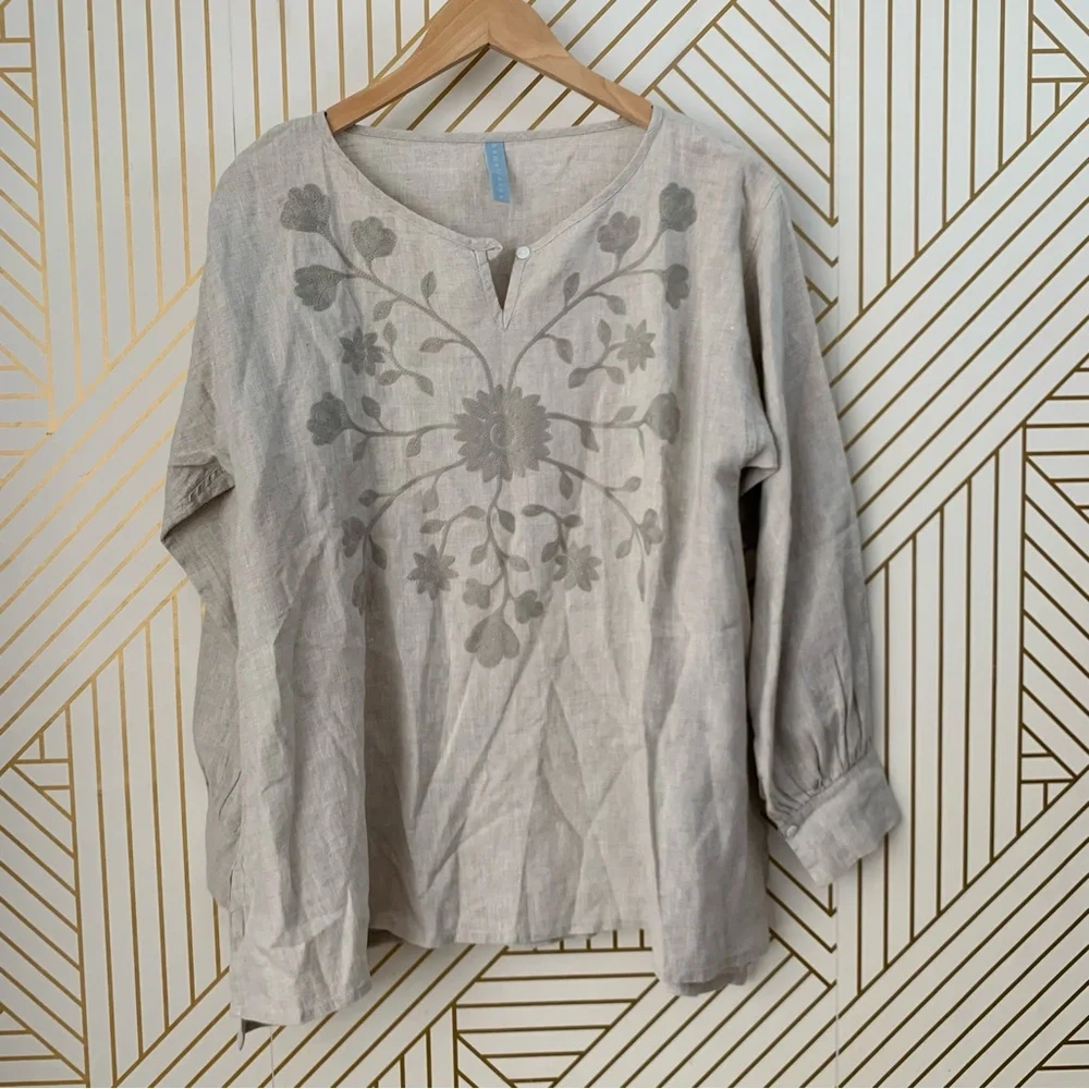Homefrocks Linen Embroidered blouse tunic top  Lagenlook floral flowers boho 8 - Picture 9 of 10